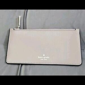 Kate Spade Gold Logo Warm Taupe Crossgrain Leather Zip Up Coin Purse Wallet